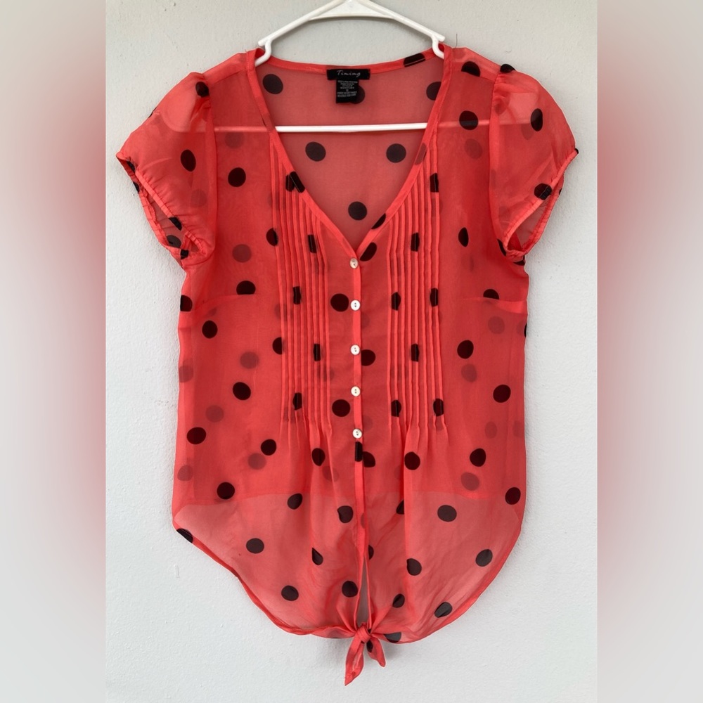 Woman’s Sheer Coral Timing Knotted Poke-a-dot Blouse 👚💕